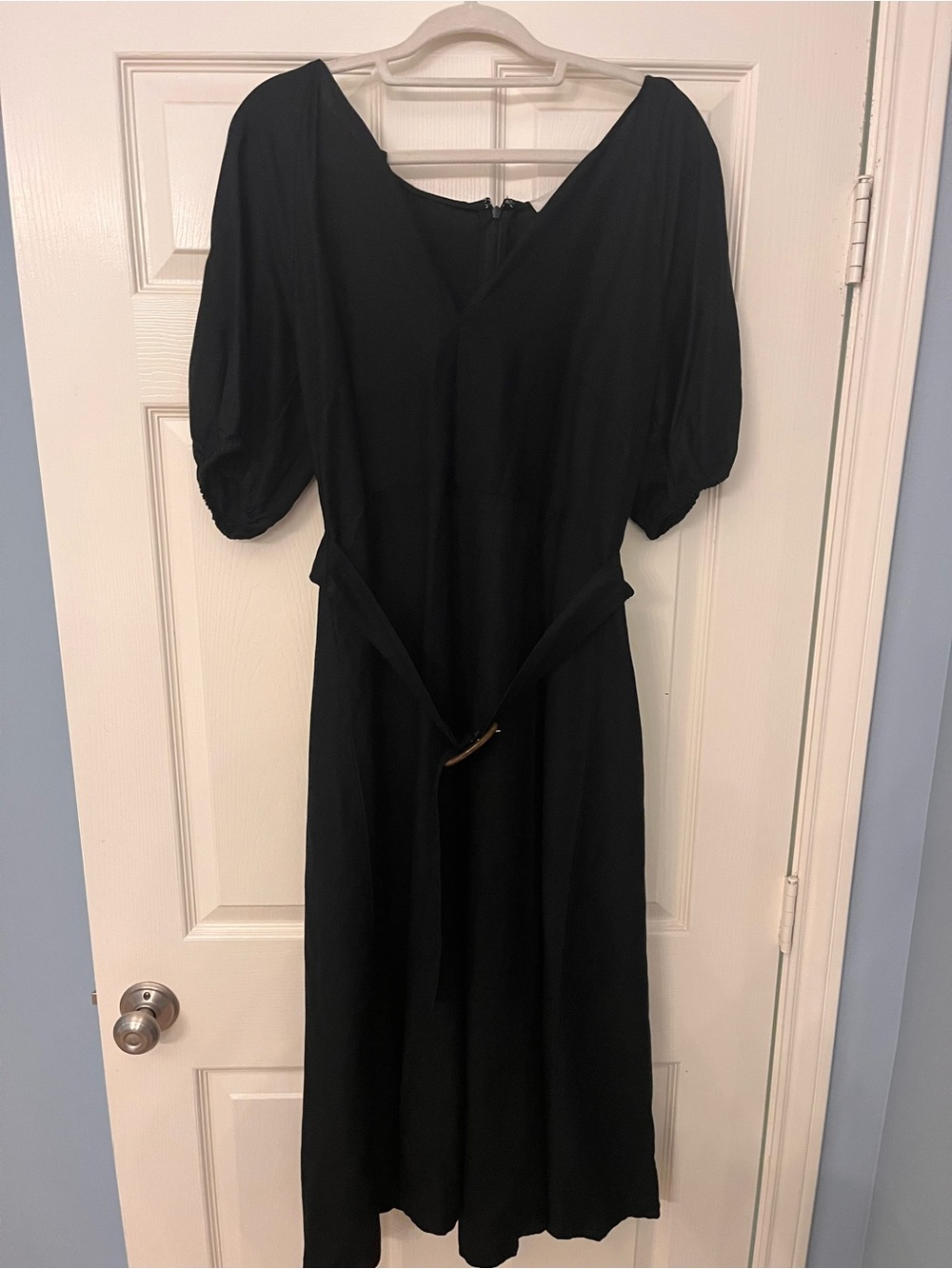 LOFT Black Linen  Midi Dress with Puff Sleeves and Waist Tie